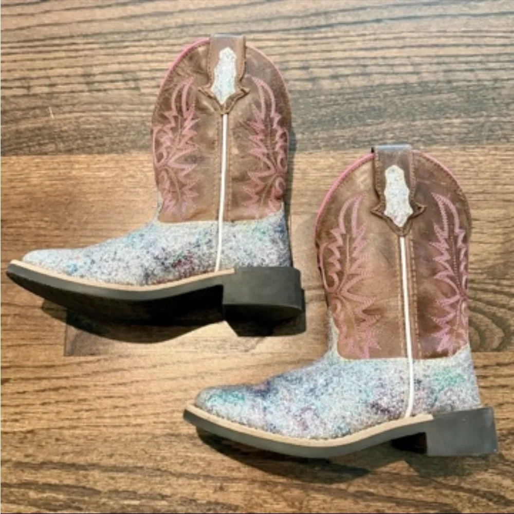 Girls Glitter Square-Toe Cowboy Boots in Pink and Brown